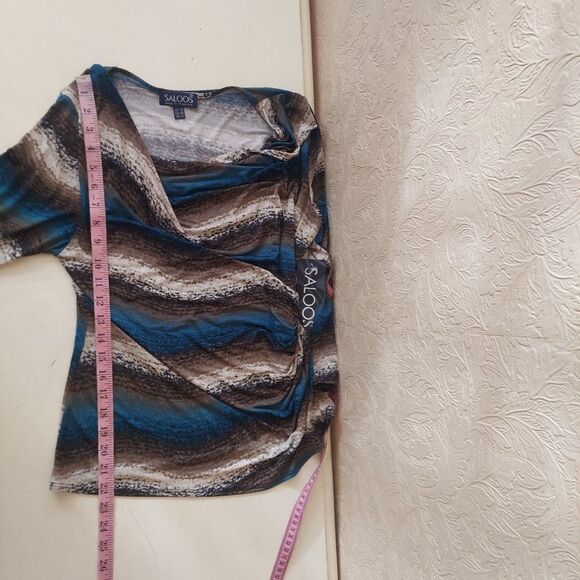 Saloos Blue Brown Drape Neck 3/4 Sleeves Stretch Polyester Blouse NEW Sz Medium - Picture 6 of 8